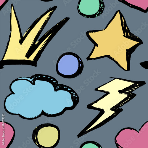 Pattern with grunge elements. Hand draw ink texture. Doodle. Crown, cloud, circle, star, hart, lightning.