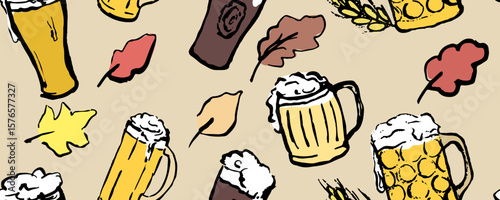 Pattern with beer glasses, leaves. Vintage, retro style. German festival.Vector, isolated, hand drawn with brush and ink texture. 