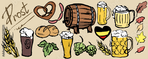 Oktober fest banner with beer glasses and more elements. Vintage, retro style. Leaves, weat, pretzel, sausage, hat, bread , German icons.Vector Beer Festival Illustration
