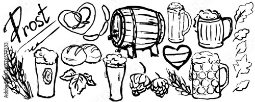 Black and white banner Oktober fest hand draw doodle. Set with beer glasses, barrel, leaves, pretzel, sausage, bread , german icons. Vintage, retro style. Vector, isolated with Ink and brush texture.