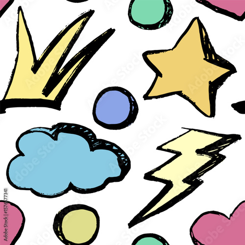 Seamless pattern with grunge elements. Hand draw ink texture. Doodle. Crown, cloud, circle, star, hart, lightning.