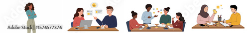 Collaborative workflow illustration with four interconnected scenes of teamwork in an office environment