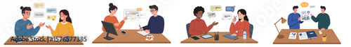 Multi-scene illustration of professional collaboration in a modern workplace with four distinct moments