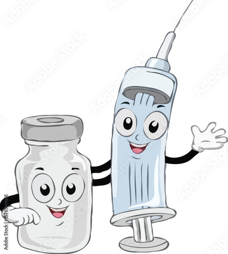 a cartoon illustration of a medical vial and a syringe