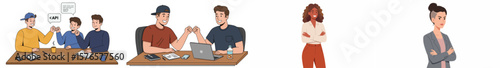 Professional illustration of a collaborative workspace with five individuals engaged in a business discussion