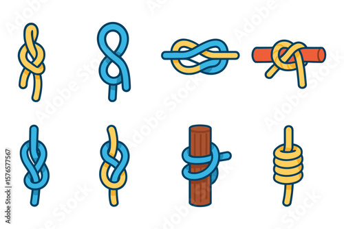 Colorful rope knots collection: various tying techniques in modern icon style