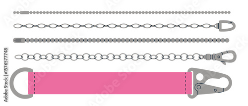 Set of decorative chains, straps, carabiners, clasps and metal links for fashion accessories. Trendy modern vector illustration isolated on white background, hand drawn, flat design