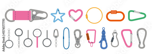 Colorful set of carabiners, chains, clips and charms for keychains and bag accessories. Trendy modern vector illustration isolated on white background, hand drawn, flat design