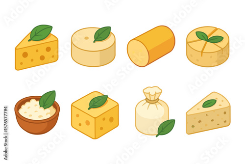 Variety of cheese isometric icons with herbs on white background