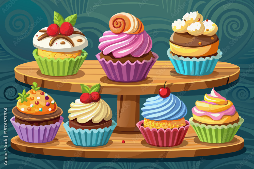 vector of Several models of cupcakes in beautiful variations on a wooden stand. Great idea for a coffee shop vector of Several models of cupcakes in beautiful variations on a wooden stand. Great idea for a coffee shop