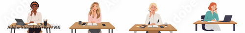 Four women working at minimalist desks in a professional office setting