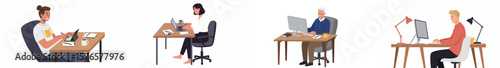 Four distinct workstation scenes with individuals engaged in professional activities