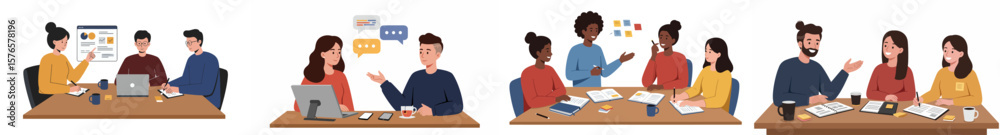 Fototapeta premium Illustration of collaborative work dynamics in a modern office setting with five distinct scenes