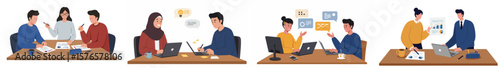 Illustration of four interconnected scenes of professional collaboration in a modern office environment
