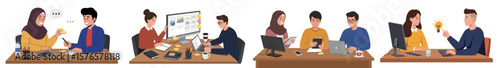 Modern office environment illustration with professionals collaborating in four interconnected vignettes