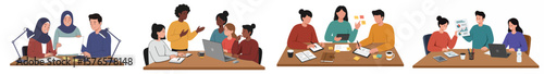 Collaborative office environment with diverse professionals working at wooden desks with laptops and office supplies