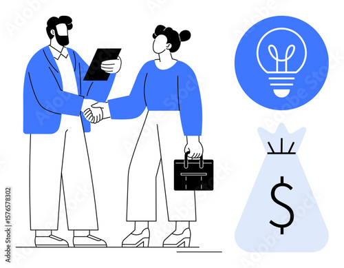 Two professionals shaking hands, one holding documents, next to icons of a light bulb and money bag. Ideal for business partnerships, innovation, teamwork, agreement, success, finance simple landing