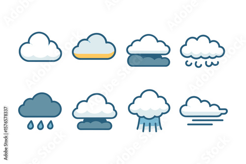 Diverse weather cloud icons set in modern flat style for forecast and climate design