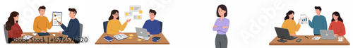 Professional collaboration illustration with four interconnected scenes of team interactions in a modern office