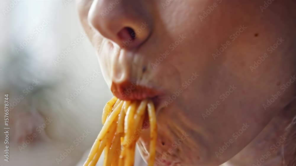 close up of woman mouth eating delicious spaghetti
