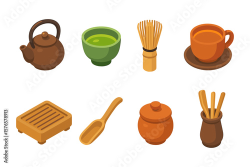 Isometric tea set: traditional utensils and accessories for modern ceremonies