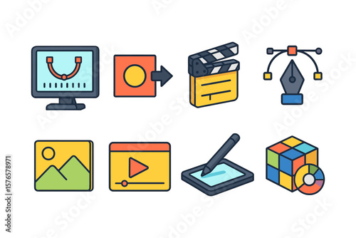 Creative design icons set: digital art, video editing, graphic tools