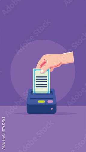 Hand pulling a printed digital ticket from a small portable printer, purple and lime minimalistic background, concept of event management and ticketing services.