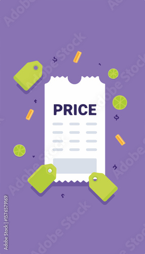 Flat vector illustration of a torn airplane ticket with lime price tags floating around on a purple background, travel booking and pricing concept.