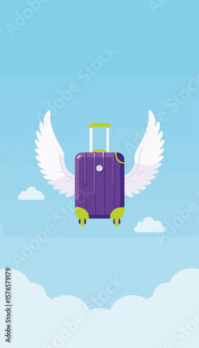 Vibrant purple suitcase with wings flying against a clear blue sky, representing travel and adventure concepts.