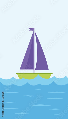 Flat vector sailboat sailing on gentle waves, minimalistic water background, vibrant colors, concept of marine design and travel, graphic design, tourism