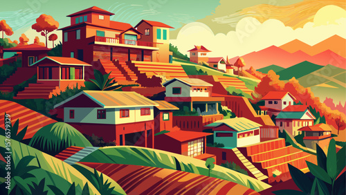 Antananarivo, Madagascar – Hillside homes in warm reds overlook rice paddies and stone streets. Terraces bloom with tropical greens, offering texture and charm for vector-rich compositions.