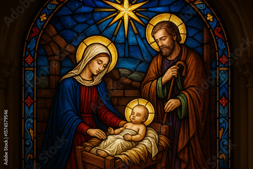 Stained glass Nativity scene with baby Jesus, Mary and Joseph in cradle – Religious illustratio