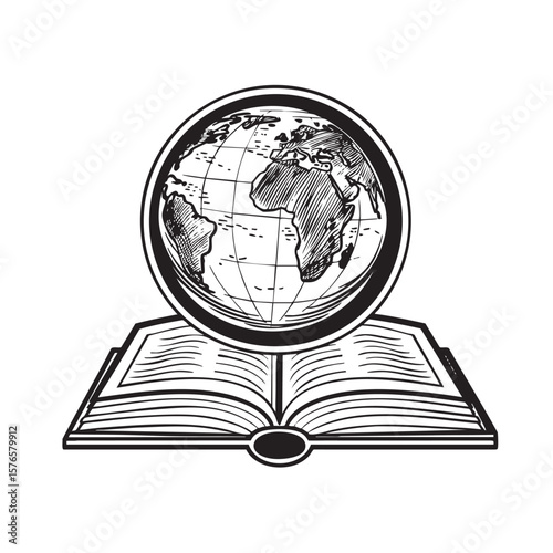 Book Globe Pencil Line Art, Minimalist simple black and white sketch, single line illustration, easy clipart