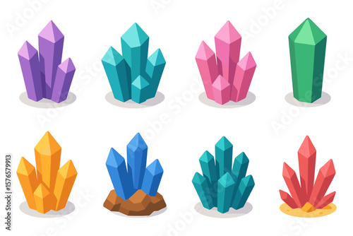 Vibrant collection of 3d geometric gemstones in flat style