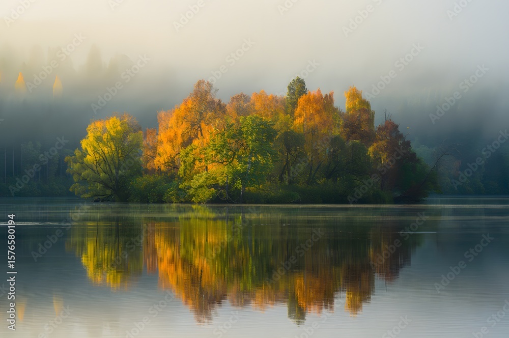 forest island with reflection in lake forest island with reflection in lake