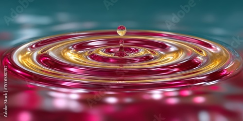 Drop of water is captured in a circular shape, with a splash of red and gold. Concept of movement and fluidity, as if the water is in constant motion. The colors of the drop