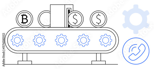 Conveyor belt moves cryptocurrency and dollar coins with gears in motion. Gear icon and communication symbol represent productivity, process automation, cryptocurrency, and financial systems. Ideal