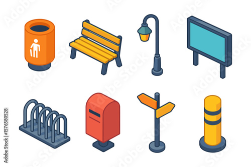 Urban furniture isometric elements featuring bench and street sign set