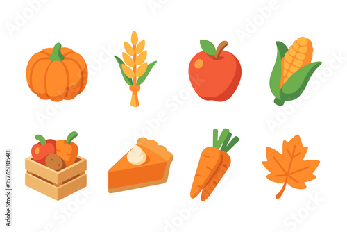 Flat autumn icons: pumpkin, carrot, apple, and corn harvest collection