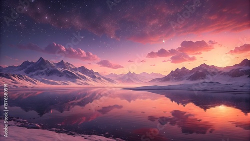 dreamy landscape featuring a vast, reflective body of water under a soft, pastel sky transitioning from deep purple to vibrant pink and orange