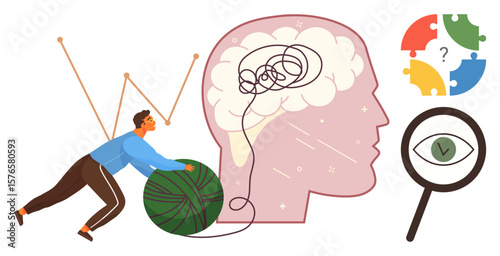 Man pushing yarn ball to untangle brain outline, representing problem solving and mental clarity. Puzzle pieces and magnifying glass symbolize analysis, focus, and comprehension. Ideal for therapy