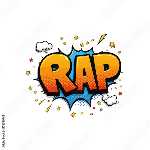 Playful pop art style "RAP" text burst with bold colors and dynamic shapes, isolated on white, concept of vibrant music promotion