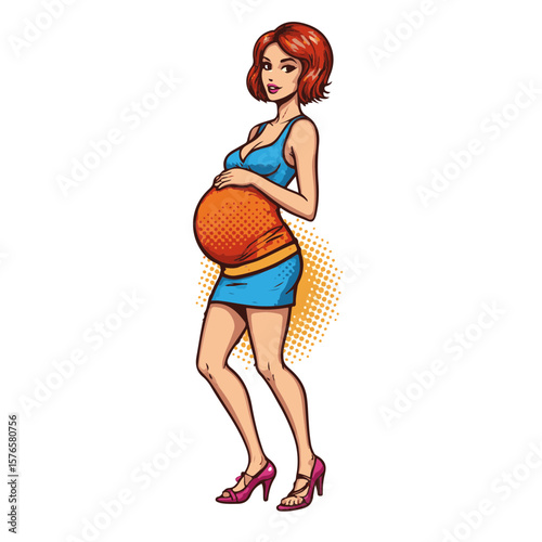 Pregnant woman smiling in playful pop art style with bold colors, isolated on white, concept of motherhood and celebration.