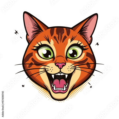 Vibrant pop art style illustration of a cat face expressing joy and excitement, isolated on white, concept of pet care and animal art.