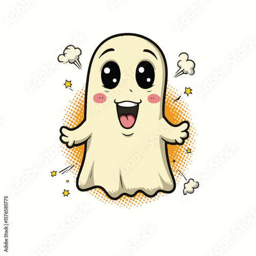 Cheerful cartoon ghost with a big smile, pop art style, isolated on white background, representing fun and playfulness, concept of Halloween decorations and party supplies.