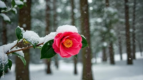 Pink camellia flower covered in snow among pine trees in winter  