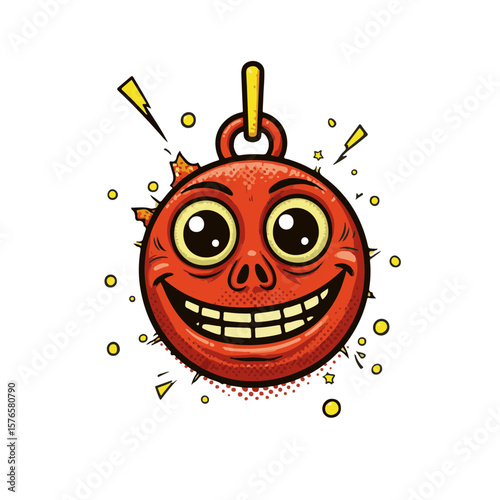 Vibrant pop art Voodoo charm icon smiling joyfully against a white background, concept of fun and cultural symbolism.