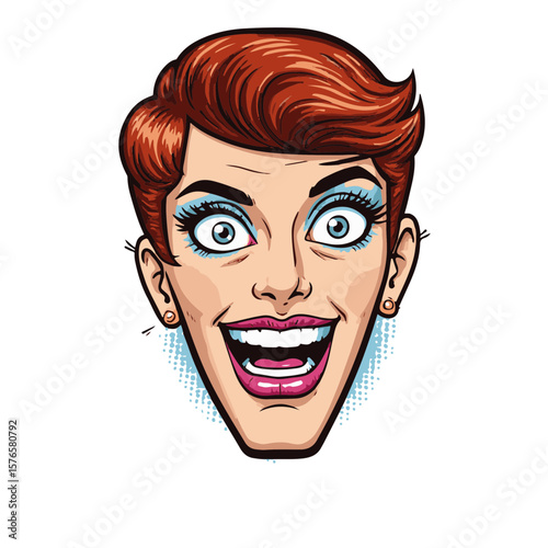 Smiling woman with vibrant red hair showcasing a wicked smile in pop art style, isolated on white background, concept of creativity and modern art.