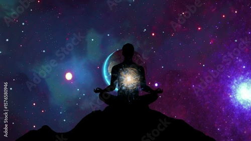 Meditative Silhouette with Cosmic Aura in Colorful Energy Field