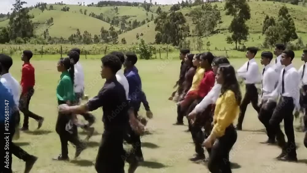 Youth Choir Walking with Green Hills.